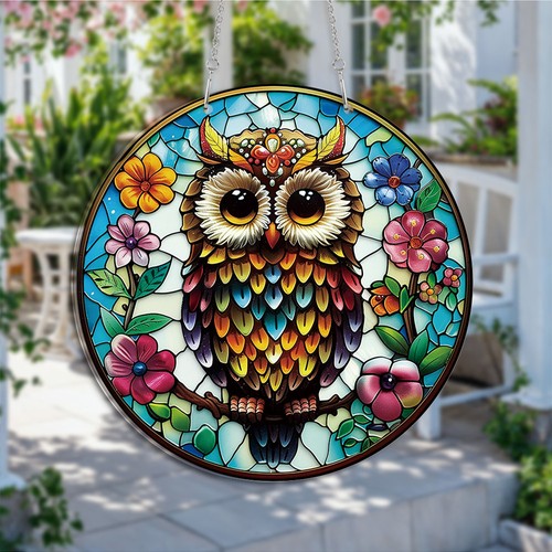 Rainbow owl suncatcher stained - owl,